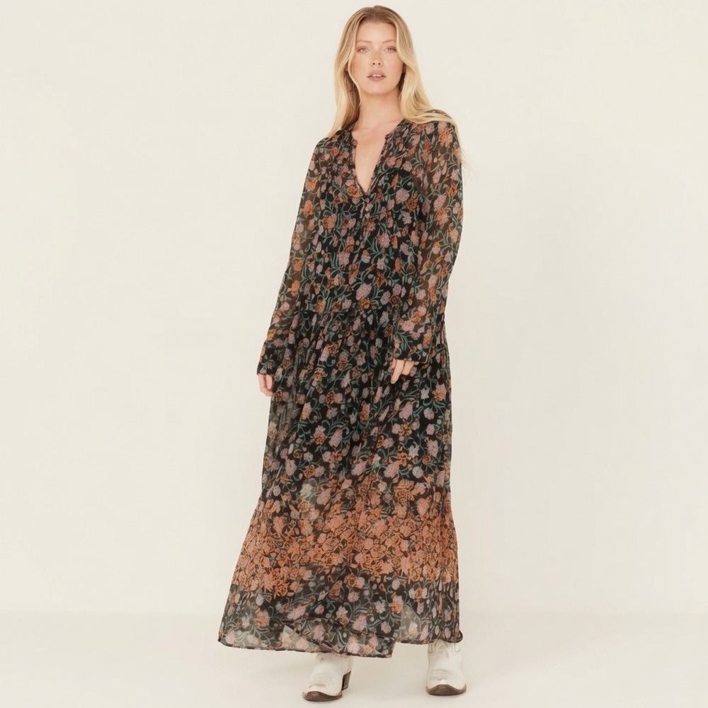Free People See It Through Floral Long Sleeve‎ Maxi Dress Black XS Boho Tiered